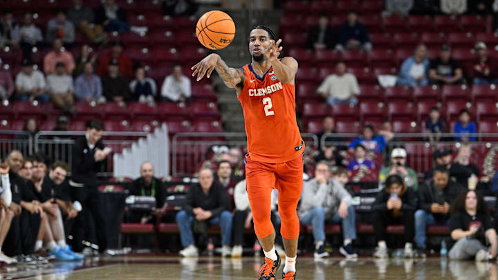 Mar 5, 2025; Chestnut Hill, Massachusetts, USA; Clemson Tigers guard Dillon Hunter (2) passes the ball during the second half against the Boston College Eagles at Conte Forum. Mar 5, 2025; Chestnut Hill, Massachusetts, USA; Clemson Tigers guard Dillon Hunter (2) passes the ball during the second half against the Boston College Eagles at Conte Forum.