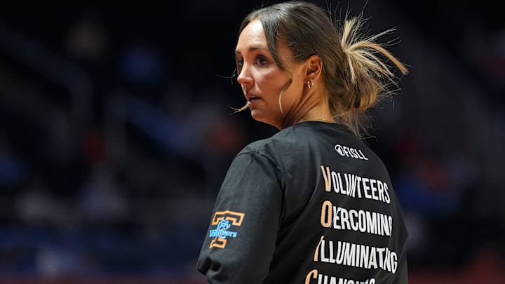 Tennessee basketball coach Kim Caldwell during the NCAA college basketball game against Missouri on Feb 12, 2026, in Knoxville, Tennessee.