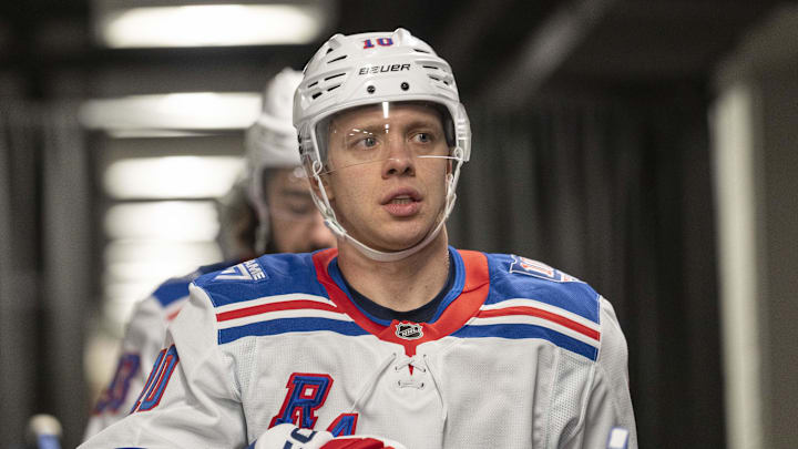 Jan 23, 2026; San Jose, California, USA;  New York Rangers left wing Artemi Panarin (10) before the start of warm ups against the San Jose Sharks at SAP Center at San Jose. Mandatory Credit: Stan Szeto-Imagn Images