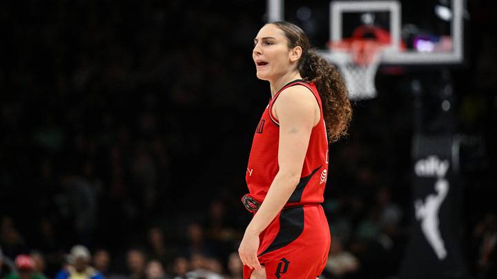May 25, 2026; Brooklyn, New York, USA; Portland Fire guard Carla Leite (0) reacts during the second half against the New York Liberty at Barclays Center. Mandatory Credit: John Jones-Imagn Images