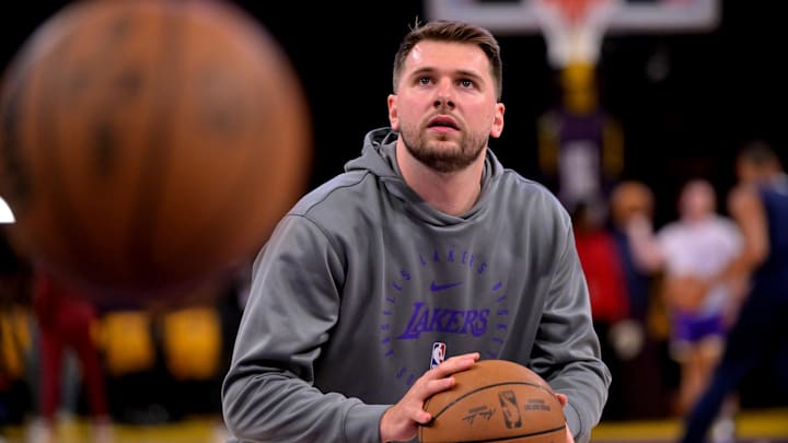Apr 19, 2025; Los Angeles, California, USA;  Los Angeles Lakers guard Luka Doncic (77) warms up prior to the game against the Minnesota Timberwolves at Crypto.com Arena. Mandatory Credit: Jayne Kamin-Oncea-Imagn Images