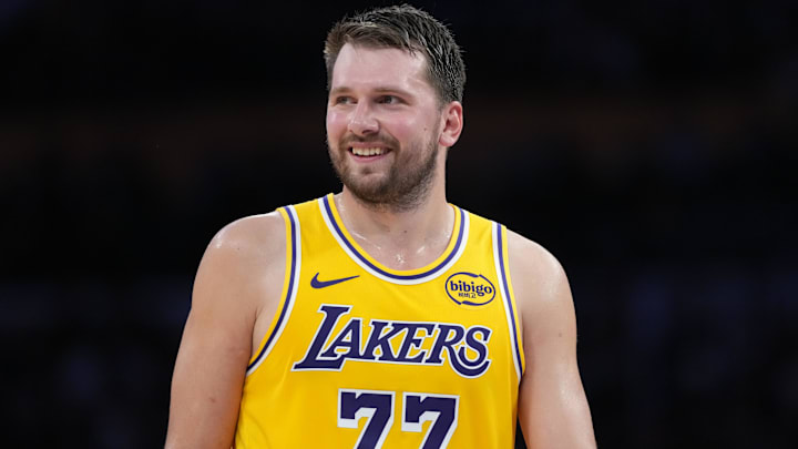 Mar 6, 2026; Los Angeles, California, USA; Los Angeles Lakers guard Luka Doncic (77) reacts against the Indiana Pacers in the first half at Crypto.com Arena.