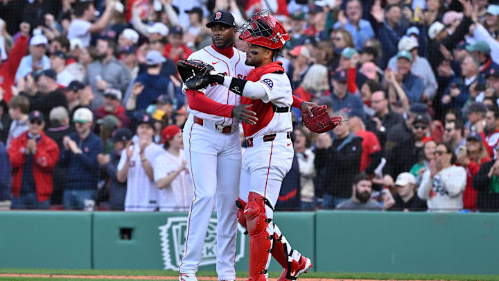 Apr 3, 2026; Boston, Massachusetts, USA; Boston Red Sox relief pitcher Aroldis Chapman (44) and catcher Carlos Narvaez (75) celebrate beating the San Diego Padres  at Fenway Park. Mandatory Credit: Eric Canha-Imagn Images