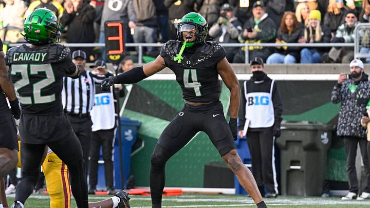 Nov 22, 2025; Eugene, Oregon, USA; Oregon Ducks defensive back Brandon Finney (4) celebrates after breaking a pass play against the Southern California Trojans during the first half at Autzen Stadium. Mandatory Credit: Troy Wayrynen-Imagn Images