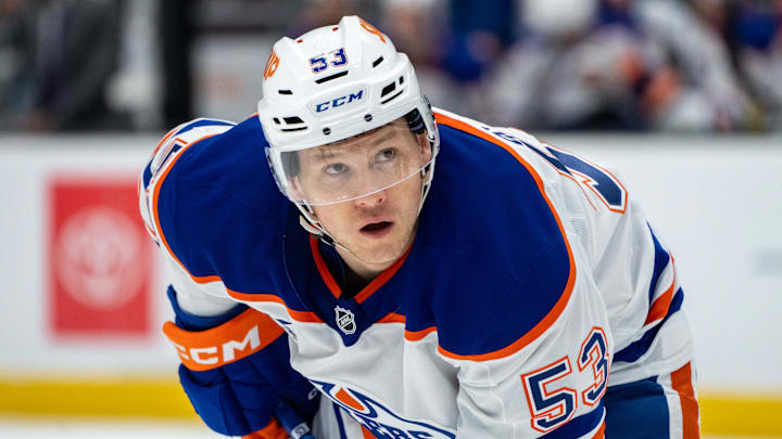 Jan 4, 2025; Seattle, Washington, USA;  Edmonton Oilers forward Jeff Skinner (53) is pictured during a game against the Seattle Kraken at Climate Pledge Arena. Mandatory Credit: Stephen Brashear-Imagn Images