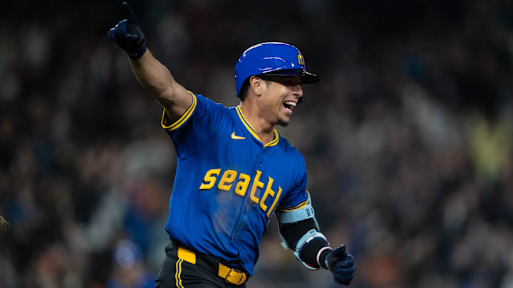 Seattle Mariners shortstop Leo Rivas celebrates after a walk-off hit against the San Francisco Giants on Aug. 23 at T-Mobile Park. Seattle Mariners shortstop Leo Rivas celebrates after a walk-off hit against the San Francisco Giants on Aug. 23 at T-Mobile Park.