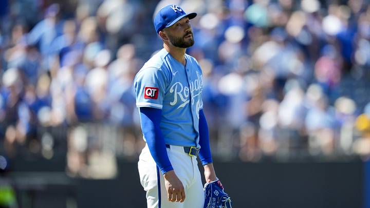 May 24, 2026; Kansas City, Missouri, USA; Kansas City Royals pitcher Lucas Erceg (60) reacts during the ninth inning against the Seattle Mariners at Kauffman Stadium. Mandatory Credit: Jay Biggerstaff-Imagn Images