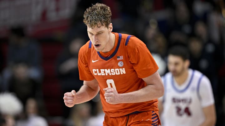 Feb 22, 2025; Dallas, Texas, USA; Clemson Tigers center Viktor Lakhin (0) in action during the game between the SMU Mustangs and the Clemson Tigers at Moody Coliseum. Mandatory Credit: Jerome Miron-Imagn Images