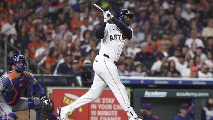 Mar 29, 2025; Houston, Texas, USA; Houston Astros designated hitter Yordan Alvarez (44) hits an RBI double during the sixth inning against the New York Mets at Daikin Park. Mar 29, 2025; Houston, Texas, USA; Houston Astros designated hitter Yordan Alvarez (44) hits an RBI double during the sixth inning against the New York Mets at Daikin Park.