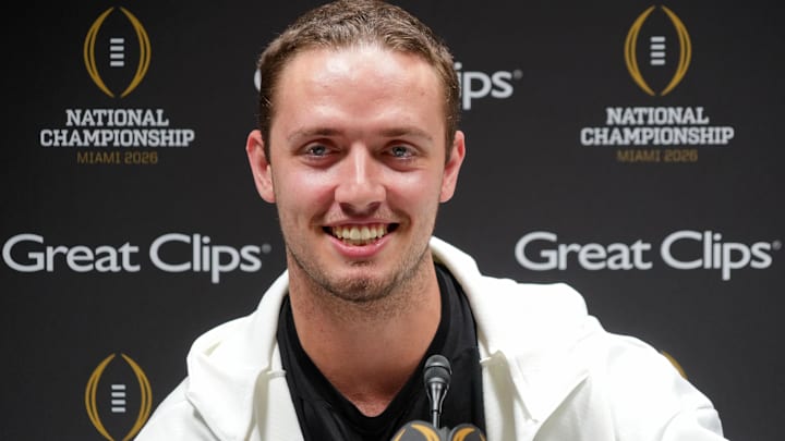 Jan 17, 2026; Miami Gardens, FL, USA; Miami Hurricanes quarterback Carson Beck (11) talks to the media during media day for the 2025 College Football Playoff National Championship at Miami Beach Convention Center. 