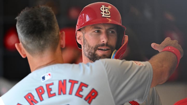 May 12, 2024; Milwaukee, Wisconsin, USA; St. Louis Cardinals first base Paul Goldschmidt (46) is congratulated by St. Louis Cardinals designated hitter Matt Carpenter (13) after hitting a home run against the Milwaukee Brewers in the fifth inning at American Family Field. Mandatory Credit: Michael McLoone-Imagn Images May 12, 2024; Milwaukee, Wisconsin, USA; St. Louis Cardinals first base Paul Goldschmidt (46) is congratulated by St. Louis Cardinals designated hitter Matt Carpenter (13) after hitting a home run against the Milwaukee Brewers in the fifth inning at American Family Field. Mandatory Credit: Michael McLoone-Imagn Images
