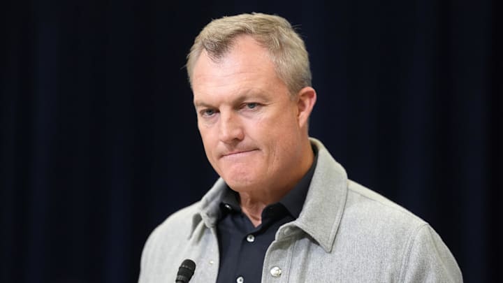 Feb 24, 2026; Indianapolis, IN, USA; San Francisco 49ers general manager John Lynch speaks at the NFL Scouting Combine at the Indiana Convention Center. Mandatory Credit: Kirby Lee-Imagn Images