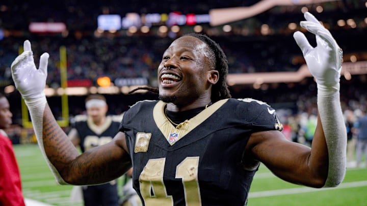 Nov 10, 2024; New Orleans, Louisiana, USA; New Orleans Saints running back Alvin Kamara (41) leaves the field after the Saints defeated the Atlanta Falcons at Caesars Superdome. Mandatory Credit: Matthew Hinton-Imagn Images
