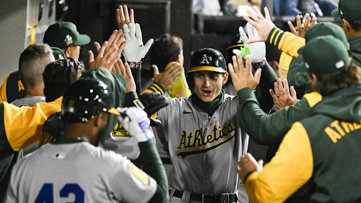Chicago, Illinois, USA; Athletics first baseman Tyler Soderstrom celebrates in the dugout after his three-run home run against the Chicago White Sox  during the sixth inning at Rate Field.
