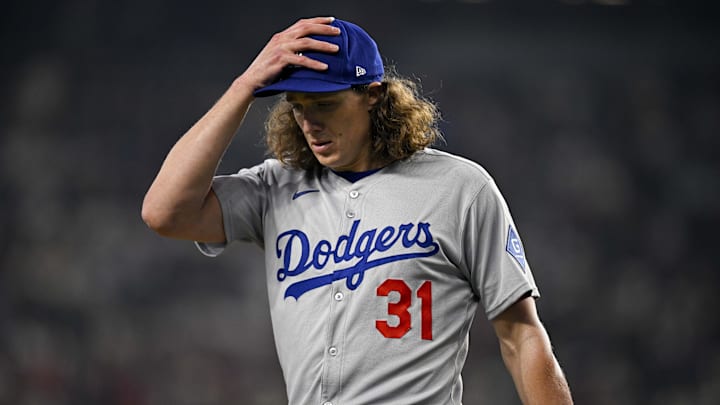 Apr 20, 2025; Arlington, Texas, USA; Los Angeles Dodgers starting pitcher Tyler Glasnow (31) comes off the field after he pitches against the Texas Rangers during the first inning at Globe Life Field. Mandatory Credit: Jerome Miron-Imagn Images