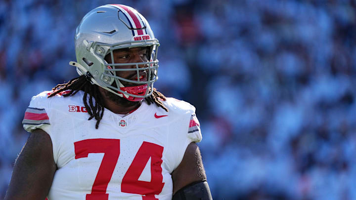 Ohio State Buckeyes offensive lineman Donovan Jackson (74) warms up prior to the NCAA football game against the Penn State Nittany Lions at Beaver Stadium in University Park, Pa. on Saturday, Nov. 2, 2024.