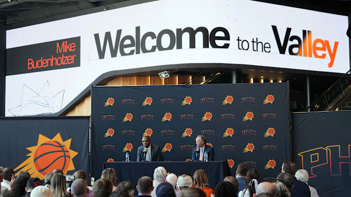 May 17, 2024; Phoenix, AZ, USA; Mike Budenholzer speaks alongside General Manager James Jones during