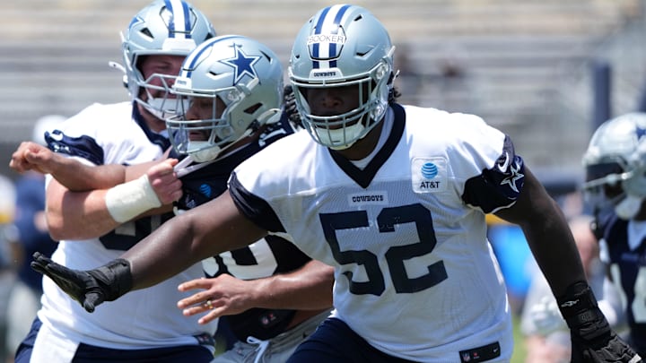 Jul 22, 2025; Oxnard, CA, USA; Dallas Cowboys guard Tyler Booker (52) during training camp at the River Ridge Fields. Mandatory Credit: Kirby Lee-Imagn Images