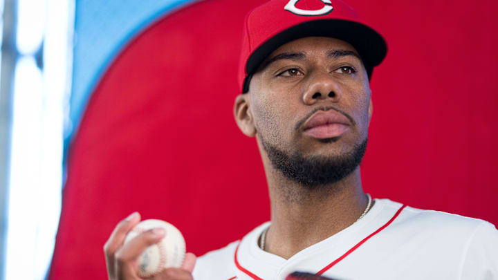 Cincinnati Reds pitcher Hunter Greene (21) during the annual team picture day at the Cincinnati Reds Player Development Complex in Goodyear, Ariz., on Tuesday, Feb. 18, 2025.