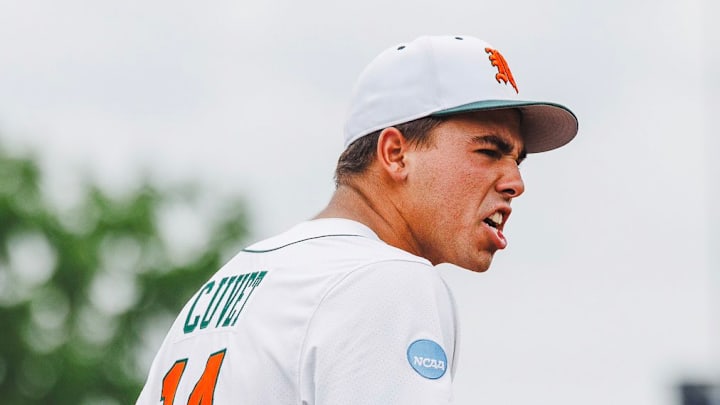 Miami Hurricanes third baseman Daniel Cuvet (14) after win in Louisville Super Regionals.