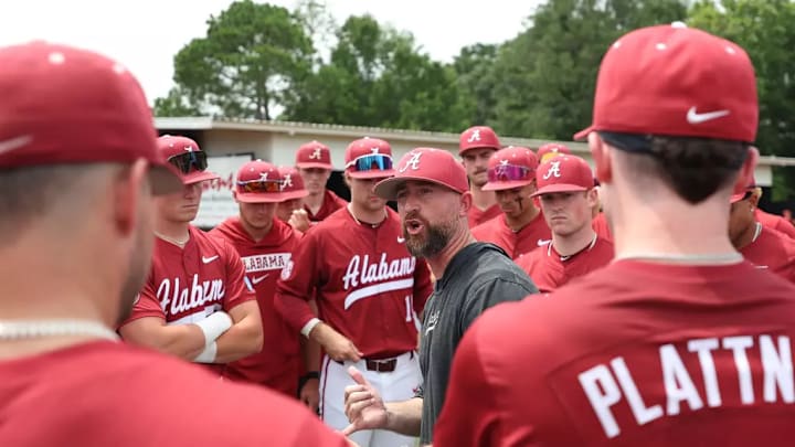 Alabama Head Coach Rob Vaughn and The University of Alabama Baseball Team talk before the game against Miami during the NCAA Baseball Regional at Pete Taylor Park in Hattiesburg, MS on Friday, May 30, 2025. Alabama Head Coach Rob Vaughn and The University of Alabama Baseball Team talk before the game against Miami during the NCAA Baseball Regional at Pete Taylor Park in Hattiesburg, MS on Friday, May 30, 2025.