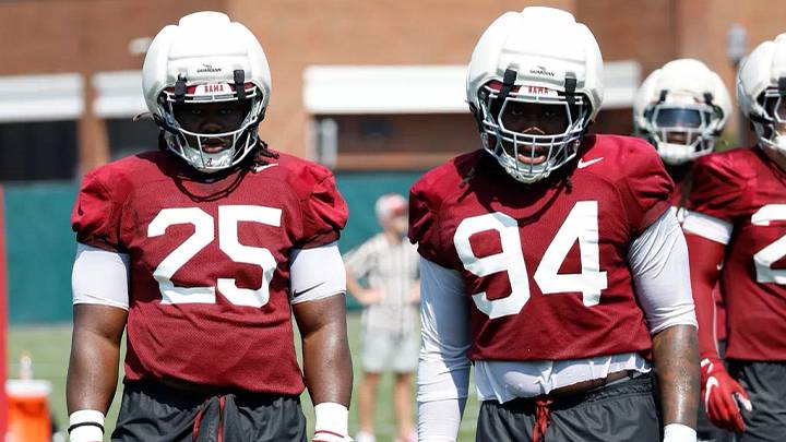 8/5/26 MFB First fall Practice Alabama Defensive Lineman Steve Bolo Mboumoua (25) Alabama Defensive Lineman Edric Hill (94) 8/5/26 MFB First fall Practice Alabama Defensive Lineman Steve Bolo Mboumoua (25) Alabama Defensive Lineman Edric Hill (94)
