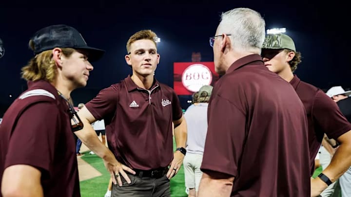 Mississippi State Outfielder Bryce Chance (#38), Mississippi State Infielder Sawyer Reeves (#2), Mississippi State Infielder Gehrig Frei (#34) and Mississippi State Head Coach Brian O'Connor during the Brian O’Connor Welcome Event at Dudy Noble Field at Polk-Dement Stadium in Starkville, MS. Mississippi State Outfielder Bryce Chance (#38), Mississippi State Infielder Sawyer Reeves (#2), Mississippi State Infielder Gehrig Frei (#34) and Mississippi State Head Coach Brian O'Connor during the Brian O’Connor Welcome Event at Dudy Noble Field at Polk-Dement Stadium in Starkville, MS.
