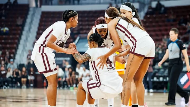 Mississippi State Guard Destiney McPhaul (#2), Mississippi State Guard Trayanna Crisp (#4), Mississippi State Forward Kharyssa Richardson (#33), Mississippi State Guard Saniyah King (#1) and Mississippi State Forward Madison Francis (#40) during the game between the Tennessee Lady Volunteers and the Mississippi State Bulldogs at Humphrey Coliseum in Starkville, MS. Mississippi State Guard Destiney McPhaul (#2), Mississippi State Guard Trayanna Crisp (#4), Mississippi State Forward Kharyssa Richardson (#33), Mississippi State Guard Saniyah King (#1) and Mississippi State Forward Madison Francis (#40) during the game between the Tennessee Lady Volunteers and the Mississippi State Bulldogs at Humphrey Coliseum in Starkville, MS.