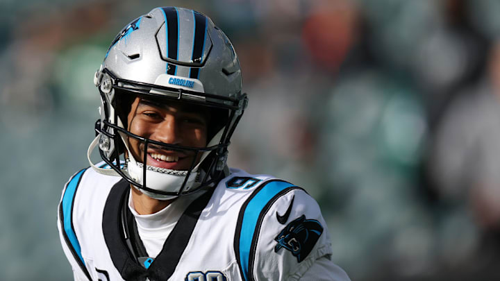 PHILADELPHIA, PENNSYLVANIA - DECEMBER 08: Bryce Young #9 of the Carolina Panthers looks on during warm ups before a game against the Philadelphia Eagles at Lincoln Financial Field on December 08, 2024 in Philadelphia, Pennsylvania.