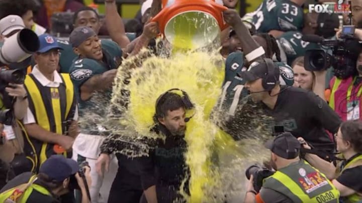 Nick Sirianni gets Gatorade bath from A.J. Brown and DeVonta Smith at Super Bowl LIX