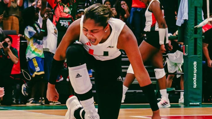 Sophomore Grace Lopez celebrating the Hurricanes upset win against Stanford