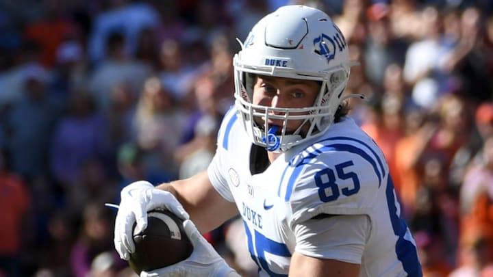 Duke Blue Devils tight end Jeremiah Hasley (85) catches a pass Saturday, Nov. 1, 2025, during the NCAA football game against the Clemson Tigers at Memorial Stadium in Clemson, South Carolina.