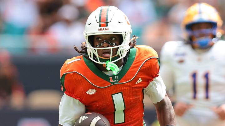 Oct 24, 2026; Miami Gardens, Florida, USA; Miami Hurricanes wide receiver Malachi Toney (1) runs with the football against the Pittsburgh Panthers during the second quarter at Hard Rock Stadium. Mandatory Credit: Sam Navarro-Imagn Images