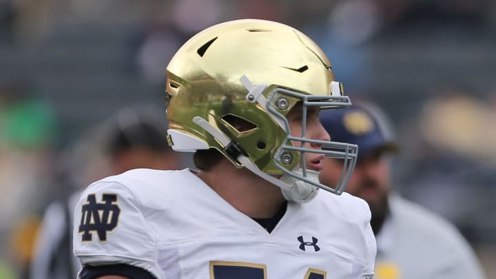 Notre Dame offensive lineman Anthonie Knapp (54) Saturday, April 20, 2024, at the annual Notre Dame Blue-Gold spring football game at Notre Dame Stadium in South Bend.
