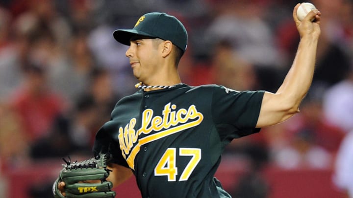 Sep 23, 2011; Anaheim, CA, USA; Oakland Athletics pitcher Gio Gonzalez (47) pitches during the third inning against the Los Angeles Angels at Angel Stadium of Anaheim. Mandatory Credit: Kelvin Kuo-Imagn Images