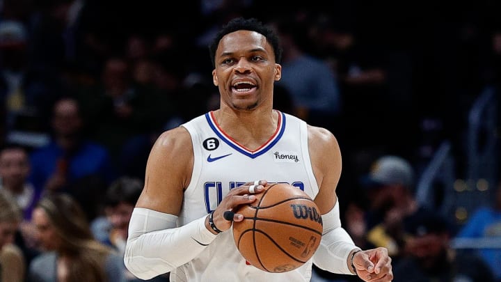 Feb 26, 2023; Denver, Colorado, USA; Los Angeles Clippers guard Russell Westbrook (0) dribbles the ball up court in the first quarter against the Denver Nuggets at Ball Arena. Mandatory Credit: Isaiah J. Downing-USA TODAY Sports