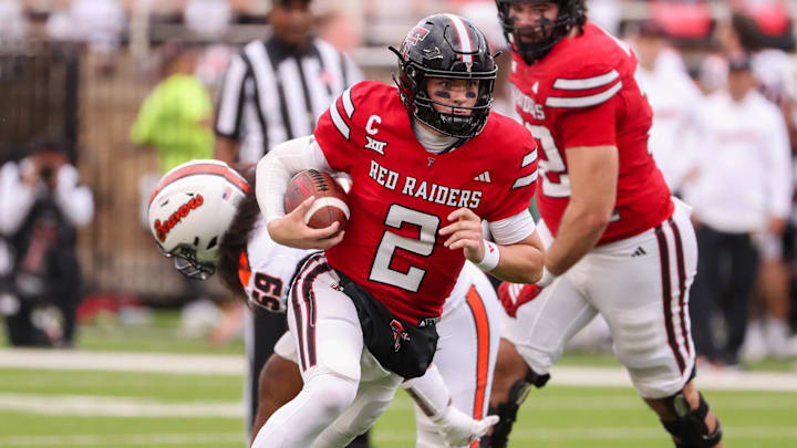 Texas Tech's Behren Morton runs against Oregon State during a non-conference football game, Saturday, Sept. 13, 2025, at Jones AT&T Stadium.