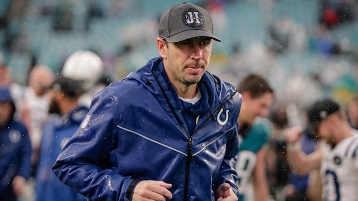 Dec 7, 2025; Jacksonville, Florida, USA;Indianapolis Colts head coach Shane Steichen leaves the field after a loss to the Jacksonville Jaguars at EverBank Stadium. Mandatory Credit: Travis Register-Imagn Images