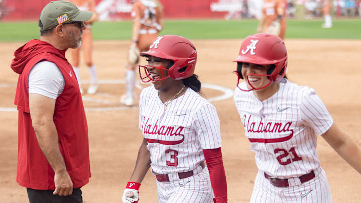 Alabama outfielder Kristen White smiles after bringing in a run in the third game of the series against Texas on Apr. 4, 2026.