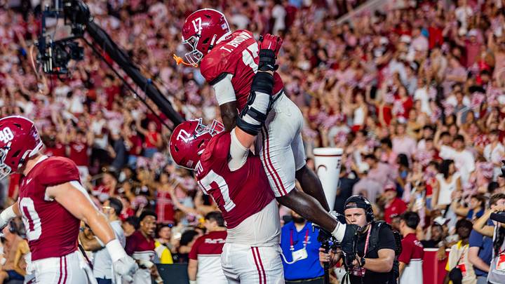 Alabama Running Back Trae'shawn Brown and Offensive Lineman Jackson Lloyd celebrates a touchdown in the second half of the game against FSU on Sept 19, 2026.
