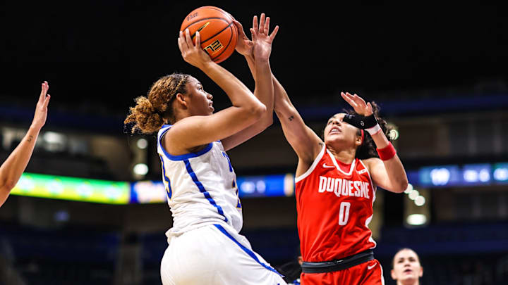 Pitt Women's basketball guard Mikayla Johnson goes up for a shot vs. Duquesne 