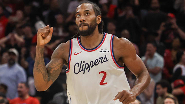 Feb 11, 2026; Houston, Texas, USA; Los Angeles Clippers forward Kawhi Leonard (2) reacts to his winning basket against the Houston Rockets in the fourth quarter at Toyota Center. Mandatory Credit: Thomas Shea-Imagn Images