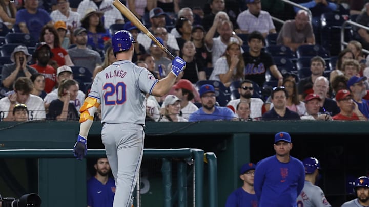 Jun 3, 2024; Washington, District of Columbia, USA; New York Mets first base Pete Alonso (20) reacts after being called out on an automatic strike against the Washington Nationals to end the top half of the eighth inning at Nationals Park.