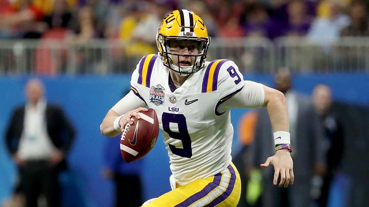 LSU Tigers quarterback Joe Burrow (9) during the second half of the 2019 Peach Bowl college football playoff semifinal game against the Oklahoma Sooners at Mercedes-Benz Stadium.