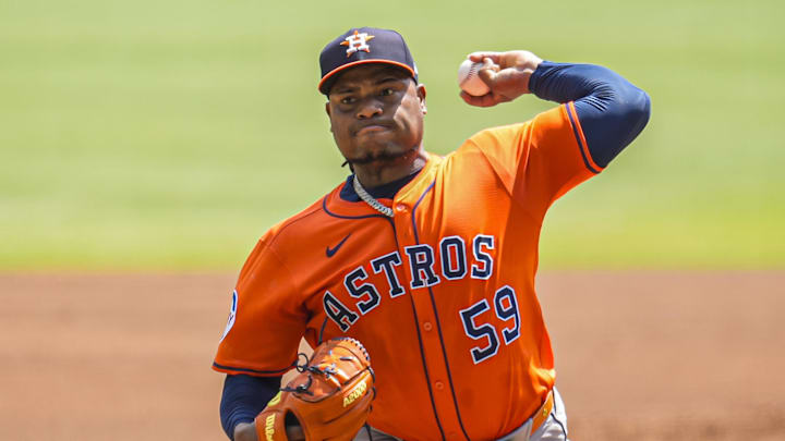 Houston Astros starting pitcher Framber Valdez (59) pitches on September 14, 2025