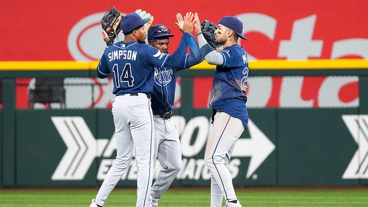 Sep 5, 2026; Arlington, Texas, USA; Tampa Bay Rays left fielder Chandler Simpson (14), center fielder Cedric Mullins (31) and right fielder Victor Mesa Jr. (25) react after defeating the Texas Rangers at Globe Life Field. Mandatory Credit: Raymond Carlin III-Imagn Images Sep 5, 2026; Arlington, Texas, USA; Tampa Bay Rays left fielder Chandler Simpson (14), center fielder Cedric Mullins (31) and right fielder Victor Mesa Jr. (25) react after defeating the Texas Rangers at Globe Life Field. Mandatory Credit: Raymond Carlin III-Imagn Images