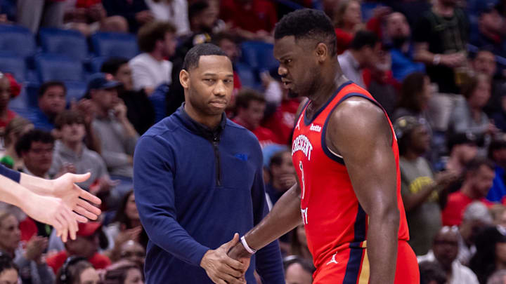 Apr 16, 2024; New Orleans, Louisiana, USA; New Orleans Pelicans forward Zion Williamson (1) reacts with New Orleans Pelicans head coach Willie Green on a time out in the first half against the Los Angeles Lakers during a play-in game of the 2024 NBA playoffs against the New Orleans Pelicans at Smoothie King Center. Mandatory Credit: Stephen Lew-Imagn Images Apr 16, 2024; New Orleans, Louisiana, USA; New Orleans Pelicans forward Zion Williamson (1) reacts with New Orleans Pelicans head coach Willie Green on a time out in the first half against the Los Angeles Lakers during a play-in game of the 2024 NBA playoffs against the New Orleans Pelicans at Smoothie King Center. Mandatory Credit: Stephen Lew-Imagn Images