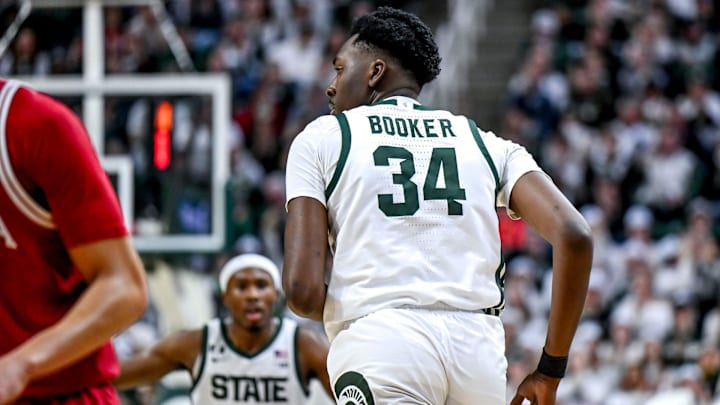 Michigan State's Xavier Booker gets back on defense after making a 3-pointer against Indiana during the first half on Tuesday, Feb. 11, 2025, at the Breslin Center in East Lansing.