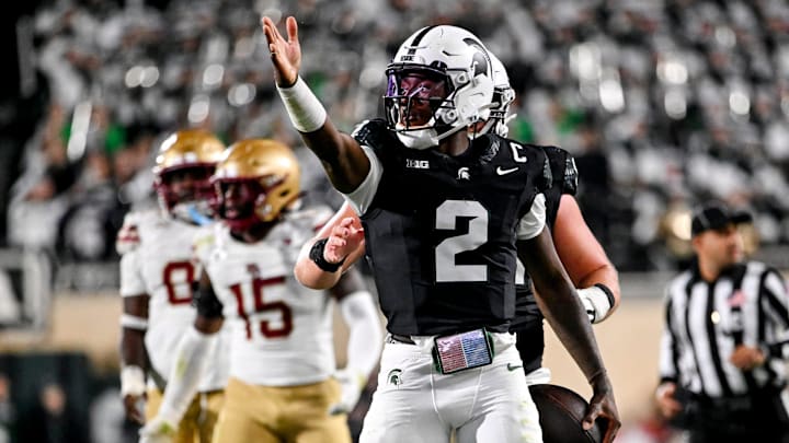 Michigan State's Aidan Chiles celebrates after a first down run against Boston College during the fourth quarter on Saturday, Sept. 6, 2025, at Spartan Stadium in East Lansing.