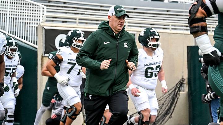 Michigan State's head coach Pat Fitzgerald and the Spartans takes the field during the football Spring Showcase on Saturday, April 18, 2026, at Spartan Stadium in East Lansing.